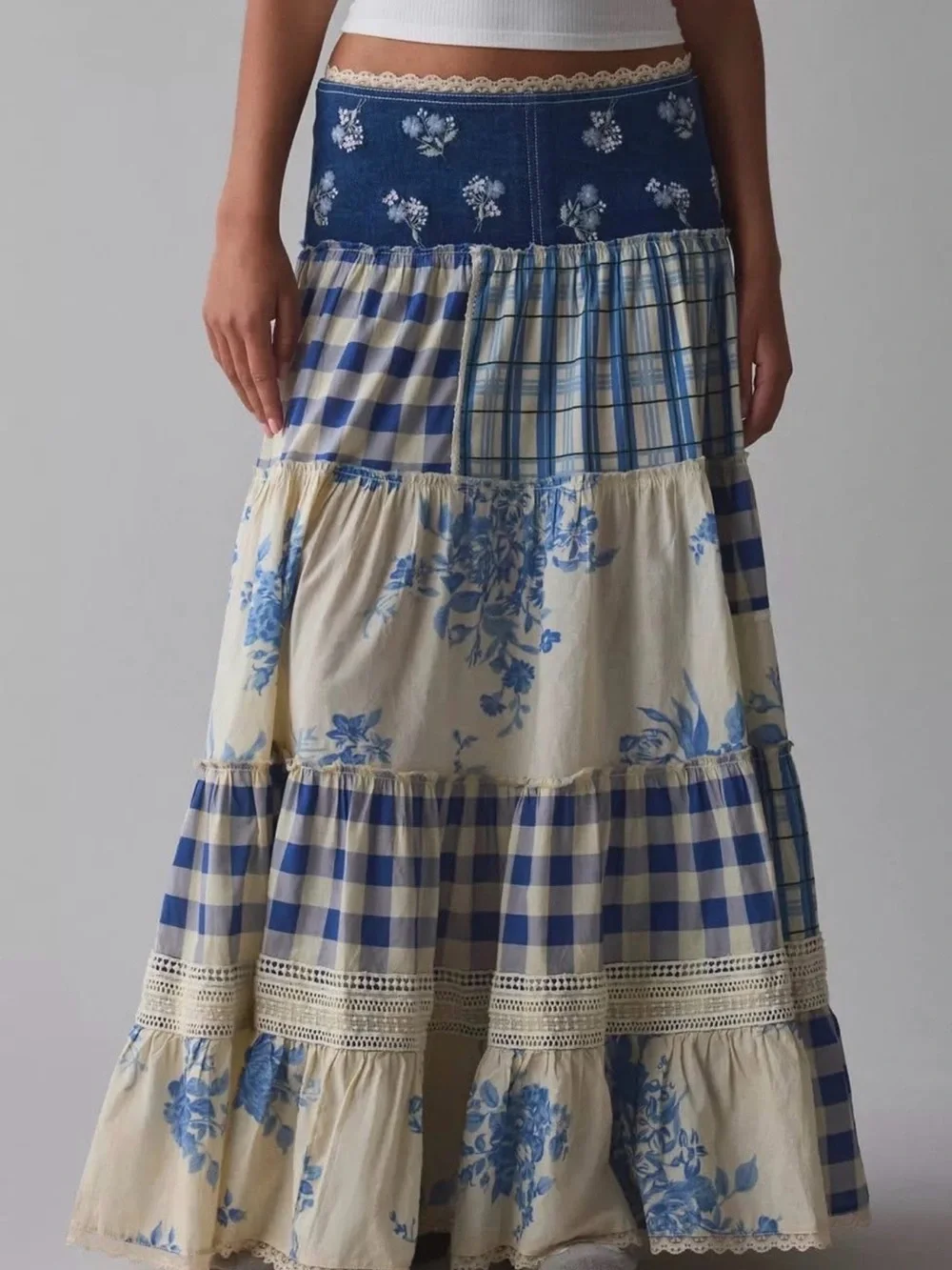Kimchi blue Amelia medium Tiered Patchwork Maxi Skirt - Blue Floral & Gingham - Picture 1 of 4